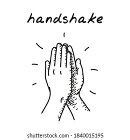 High five handdrawn illustration. Cartoon vector clip art of two hands giving high five for great work. Black and white sketch of people give hand slapping gesture. Concept of teamwork, unity, sport