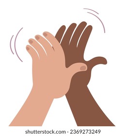 High five Hands of different colors palms clap each other in agreement vector flat illustration. Approval sign , joy, interaction, teamworx,without racism. For card, poster, print, design, background