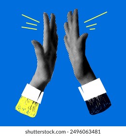 High Five Hands. Halftone retro hands giving each other five. Paper cutout elements. Trendy vintage newspaper parts. Make a deal. Successful agreement. Teamwork concept. Business success