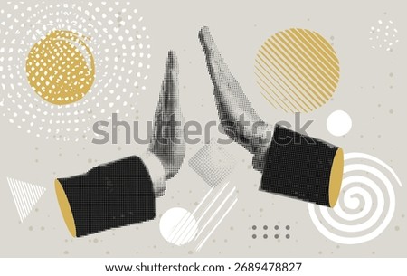 High Five Hands. Halftone retro hands giving each other five. Paper cutout elements. Trendy vintage newspaper parts. Make a deal. Successful agreement. Teamwork concept. Business success
