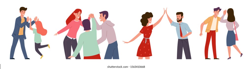 High five. Happy people informal greeting, group expressing friendship. Colleagues together meeting with friends vector cheerful giving hand gesture characters