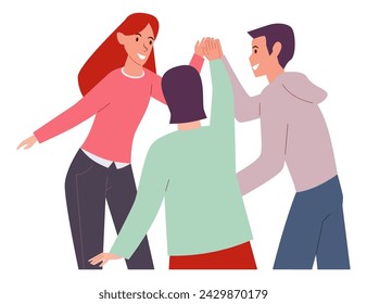 High five. Happy people informal greeting, Happy friends beat off hands, success gesture, men and women friendship, unity and support togetherness cartoon flat isolated vector illustration