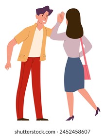 Choca esos cinco. Gente feliz saludo informal gesto emocional alegre. Amigos felices del hombre y de la mujer juntos, colega en la oficina, concepto de la asociación. Vector de dibujos animados ilustración aislada plana