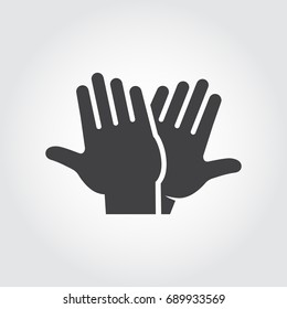 High five icon. Black flat pictograph of two clapping hands - greeting, welcoming, celebrating symbol of successful interaction people. Vector web sign or button. Illustration on gray background