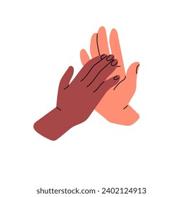 High five icon. Two hands give highfive. Arms slap, palms clap to greeting symbol. Support gesture of friends. Congratulation with success. Team connection. Flat isolated vector illustration on white