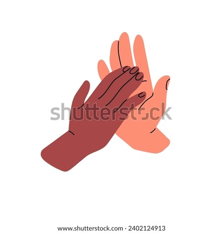 High five icon. Two hands give highfive. Arms slap, palms clap to greeting symbol. Support gesture of friends. Congratulation with success. Team connection. Flat isolated vector illustration on white