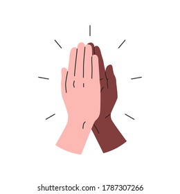 High Five Icon. Vector Illustration Of Two Hands Giving A High Five For Great Work. Black And White Interracial Hands Giving High Five. People Team Give Hand Slapping Gesture