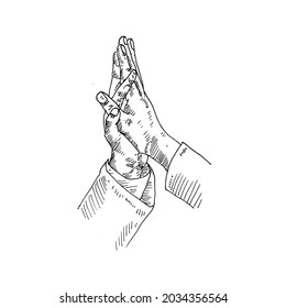 High Five.	an image of a hand in a high five because it's happy.	Retro vintage sketch vector illustration. Engraving style. black isolated on white background. vector draw graphic design illustration