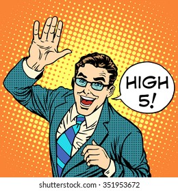 High five joyful businessman pop art retro style. Greeting and friendship. Positive service business concept. Communication