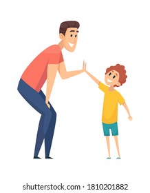 High five. Man greeting boy, happy people. Cartoon father spend time with son together vector illustration