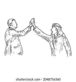 High Five.	a man in a high five turban with his co-workers. long time no see.	Retro vintage sketch vector illustration. Engraving style. black isolated on white background. vector draw graphic design 