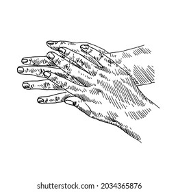 High Five.	man's hand drawing a high five.	Retro vintage sketch vector illustration. Engraving style. black isolated on white background. vector draw graphic design illustration sketch.