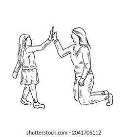 Cinq.	une mère élève sa fille à cinq parce que c'est bien de la voir accomplir quelque chose.	Illustration vintage dessinée à la main. Style de gravure. noir isolé sur fond blanc. image vectorielle 