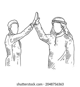 High Five.	Muslim man in a high-five turban with his best friend, when he meets at his favorite place.	Retro vintage sketch vector illustration. Engraving style. black isolated on white background. 