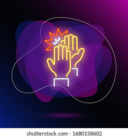 Signo de cinco neones. El neón brillante con dos manos sobre fondo de pared de ladrillo. La ilustración vectorial se puede utilizar para gestos, comunicación, conversación