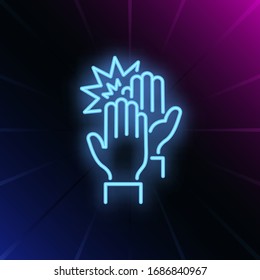 High five neon sign. Glowing neon two hands on brick wall background. Vector illustration can be used for gesturing, communication, chatting