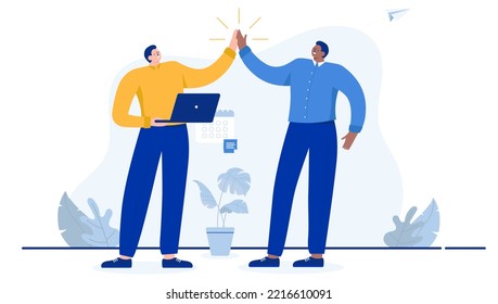 High five office people - Two business men giving high fives in office, celebrating good work and teamwork. Flat design cartoon vector illustration with white background