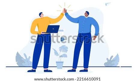 High five office people - Two business men giving high fives in office, celebrating good work and teamwork. Flat design cartoon vector illustration with white background