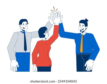 High fünf Büroangestellte Kollegen Cartoon flache Illustration. Highfive-Teamwork. Teamkollegen aus verschiedenen Rassen unterstützen 2D-Zeichen einzeln auf weißem Hintergrund. Farbiges Vektorbild