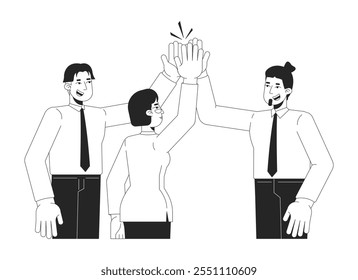 High fünf Büromitarbeiter Kollegen lineare Illustration. Highfive-Teamwork. Teamkollegen aus verschiedenen Rassen unterstützen 2D-Zeichen, die einzeln auf Weiß stehen. Monochromes Vektorkonturbild