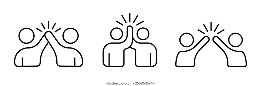 High five outline icon set. Two people give high-five symbol. Friendly greeting, volunteers, teamwork and support. Editable stroke