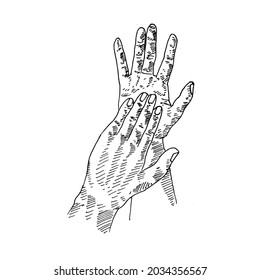 High Five.	high five in the palm of the hand.	Retro vintage sketch vector illustration. Engraving style. black isolated on white background. vector draw graphic design illustration sketch.