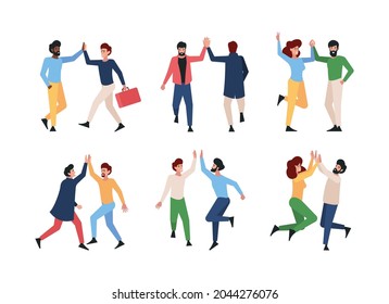 High five people. Happy persons friendship hands gestures garish vector illustrations characters emotions relationships