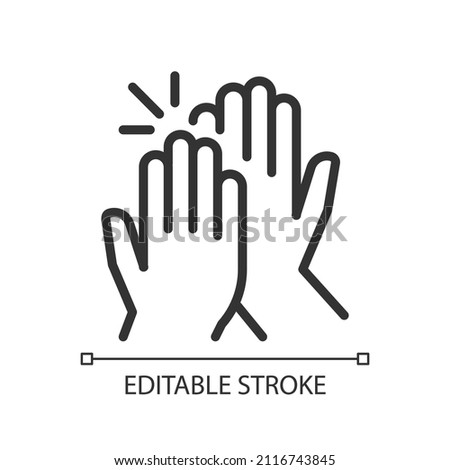 High five pixel perfect linear icon. Success gesture. Productive teamwork metaphor. Collaboration. Thin line illustration. Contour symbol. Vector outline drawing. Editable stroke. Arial font used 商業照片 © 