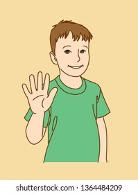 high five! A smiling boy shows an open palm. Modern flat vector illustration.