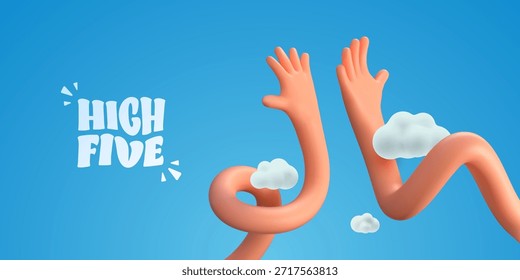 Alto concepto de éxito de trabajo en equipo de cinco con manos de dibujos animados en movimiento sobre fondo azul. Ideas de Emoción Positiva, Colaboración y Motivación. Los Cinco Gestos Altos. Ilustración vectorial
