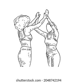 High Five.	two athletes run high-fives after reaching the finish line.	Retro vintage sketch vector illustration. Engraving style. black isolated on white background. vector draw graphic design 