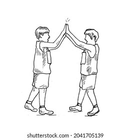 High Five. two boys high-fived two hands. Retro vintage sketch vector illustration. Engraving style. black isolated on white background. vector draw graphic design illustration sketch.
