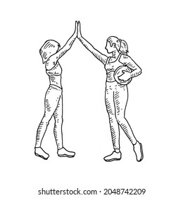 High Five.	two female volleyball players high five for giving their team points. holding volleyball.	Retro vintage sketch vector illustration. Engraving style. black isolated on white background. 