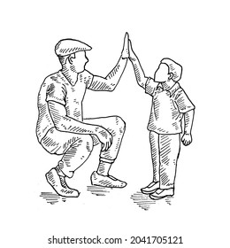 High Five.	an uncle high five with his nephew after a long time no see.	Retro vintage sketch vector illustration. Engraving style. black isolated on white background. vector draw graphic design 