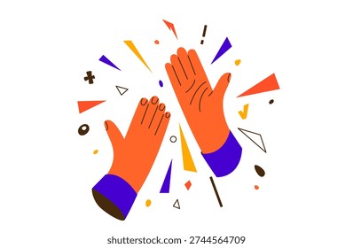 High five vector illustration background. Teamwork success, partnership and celebration concept. Abstract hands gesture with vibrant geometric shapes for achievement and cooperation