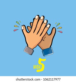 high five vector illustration. succes teamwork vector concept illustration with two mans hands isolated on blue background