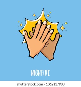 high five vector illustration. succes teamwork vector concept illustration with two mans hands isolated on blue background