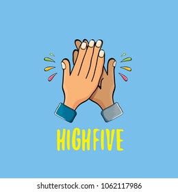 high five vector illustration. succes teamwork vector concept illustration with two mans hands isolated on blue background