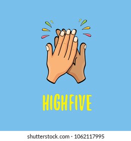 high five vector illustration. succes teamwork vector concept illustration with two mans hands isolated on blue background