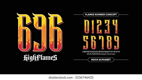 High Flames: Fire Number Set. Flame-inspired numbers in bold, cartoonish style, ideal for hot rod stickers, vintage car designs, and sporty jerseys. Ready to ignite any project! Vector illustration