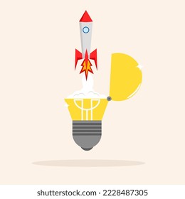 lanzamiento innovador de cohetes de alto vuelo a partir de una idea de bombilla brillante. emprendimiento o emprendimiento, Innovación para lanzar nuevas ideas, creatividad para iniciar un concepto de negocio o de idea trascendental.