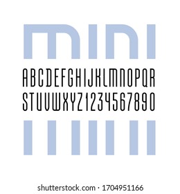 High font, condensed tall regular alphabet sans serif, trendy uppercase Latin letters from A to Z and Arab numbers from 0 to 9 for you designs, vector illustration 10EPS