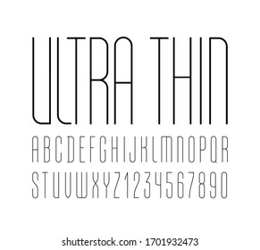 High font, condensed tall ultra thin alphabet sans serif, trendy uppercase Latin letters from A to Z and Arab numbers from 0 to 9 for you designs, vector illustration 10EPS