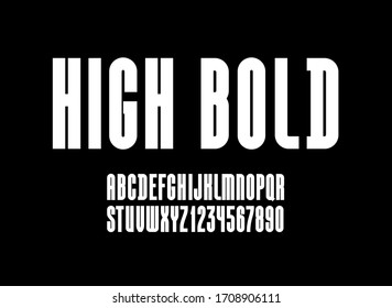 High font, condensed tall ultra bold alphabet sans serif, trendy uppercase Latin letters from A to Z and Arab numbers from 0 to 9 for you designs, vector illustration 10EPS