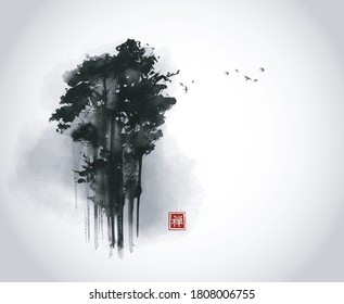 High forest trees and flock of birds in fog. Traditional oriental ink painting sumi-e, u-sin, go-hua. Translation of hieroglyph - zen.