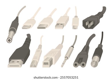 High frequency cable, TV plug for transmitting analog audio and video signals, for connecting various telecommunications equipment. Electrical goods and power adapters. Vector illustration