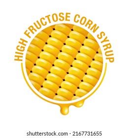 High Fructose Corn Syrup sweetener pictogram for labeling - corn seeds and drop of food additive - isolated vector emblem