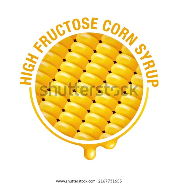 High\
Fructose Corn Syrup sweetener pictogram for labeling - corn seeds\
and drop of food additive - isolated vector\
emblem