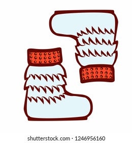 High fur boots made of deer wool. For winter walks, for heat. Doodle style. Isolated on white background.