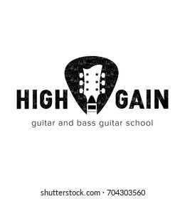 High Gain rock guitar school logo. Guitar neck  isolated plectrum shape